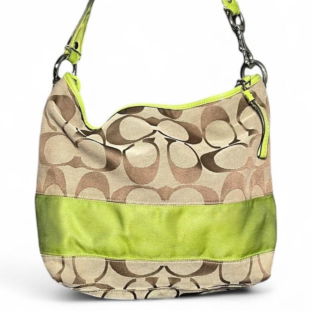 Coach Signature C Lime Green Stripe and Beige Canvas Boho 00s